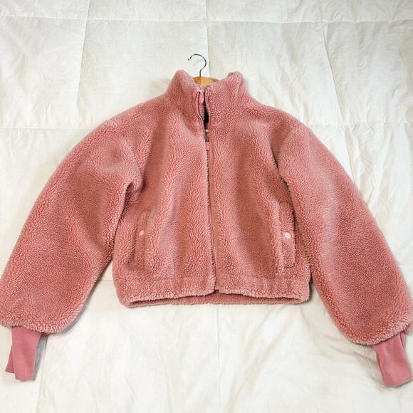 Carbon38 Pink Teddy Fleece Zip Oversized Jacket XS Cozy Sherpa Cropped High Neck - Picture 2 of 8